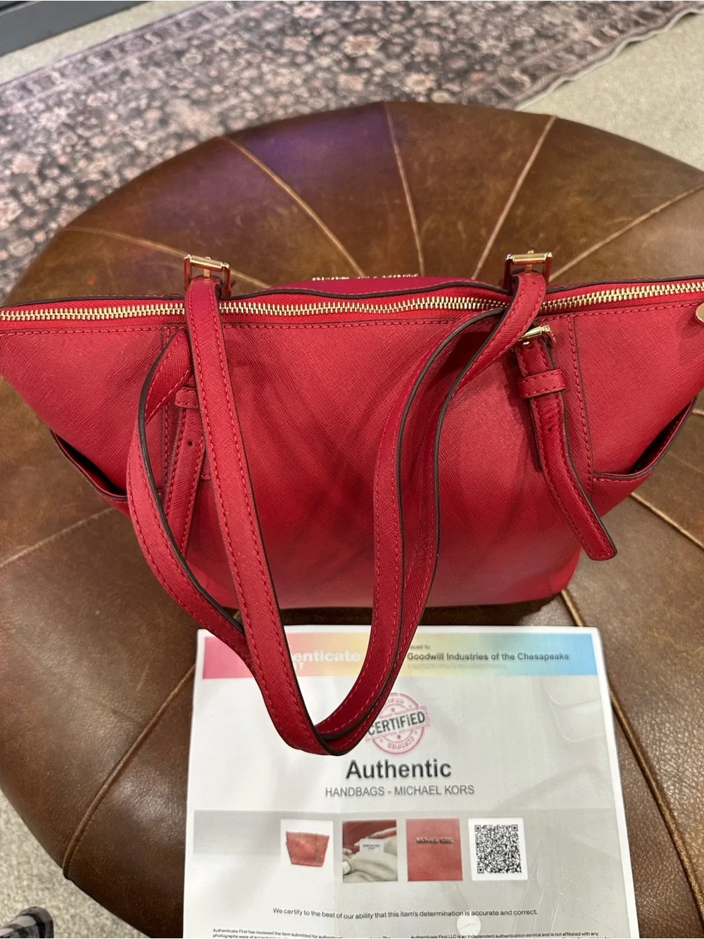 Michael Kors Red Saffiano Tote with Gold MK Charm